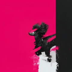 A beautiful and graceful black poodle on a contrasting pink and black background in a jacket illustration
