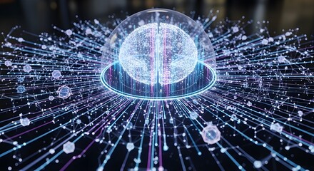 Futuristic AI brain hologram with digital network in dark tech environment