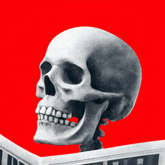 Grunge Style Skull Reading Paper Bold High Contrast Design on a Red Bright Background