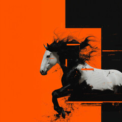 Grunge Style Horse In Motion Bold High Contrast Artwork Illustration with Orange and Black Colors