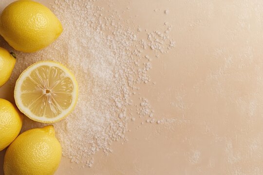 Flat lay of lemons and baking soda on a beige backdrop with room for text