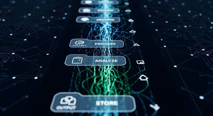 Digital e-commerce store hologram interface with glowing neon analytics and futuristic shopping cart