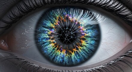 Close-up human eye with digital iris futuristic technology hologram effect blue green purple