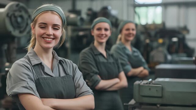 Three women in uniform stand confidently with arms crossed in a workshop filled with various machines and tools, showcasing teamwork and dedication