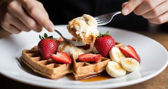 Primer plano de waffles reci&eacute;n hechos con banana y fresas, cortados con cuchillo y tenedor sobre un plato, luz natural y estilo culinario moderno.
