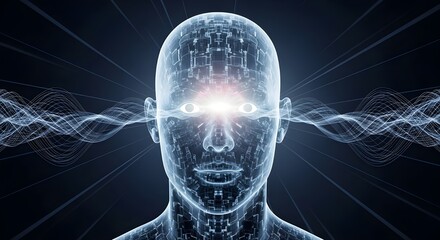 AI Human Head with Glowing Energy Waves - Futuristic Technology Concept