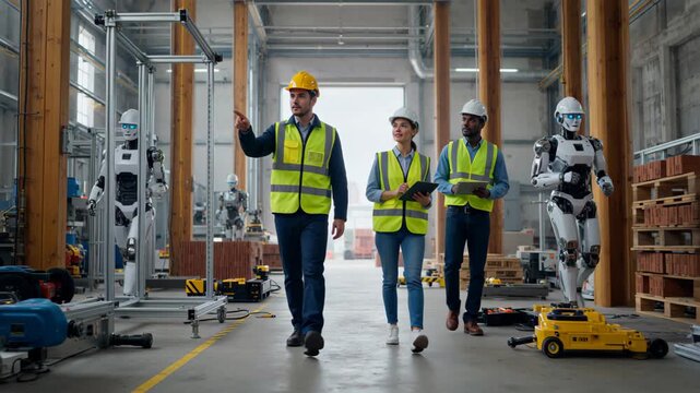 Workers inspect a robotics lab and discuss projects while walking through the facility