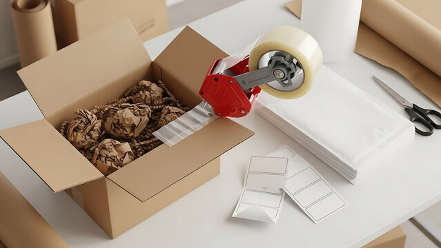 Packing supplies and open cardboard box filled with packing paper, ready for shipping and delivery