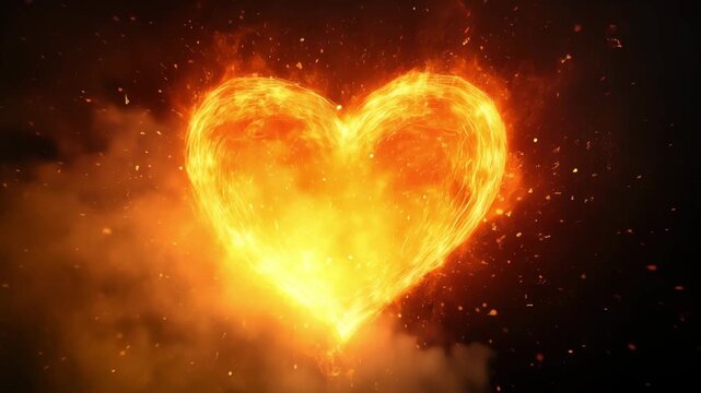 Bright flames combine to create a heart shape in a dark background during a fire display showcasing creativity and artistry