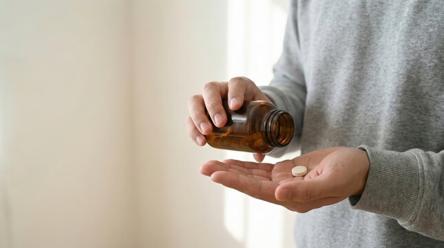 Person pouring pill from bottle into hand medicine dosage healthcare concept