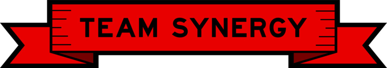 Ribbon label banner with word team synergy in red color on white background