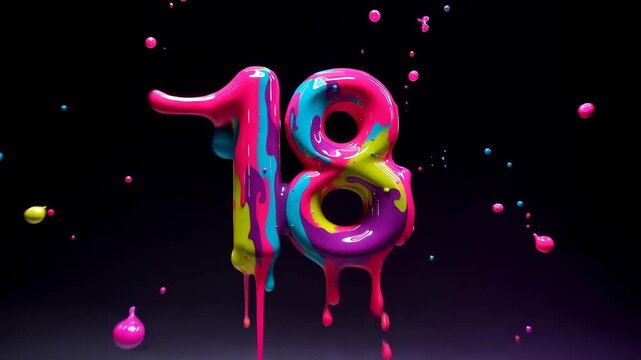 Zahl 18 als bunte fl&uuml;ssige 3D-Animation auf dunklem Hintergrund. K&uuml;nstliche Intelligenz KI