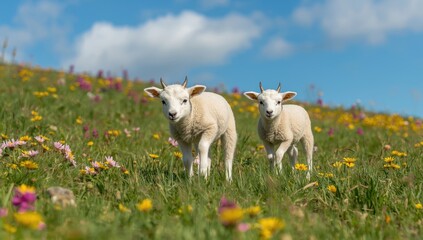 Obraz premium Lambs in a field during spring