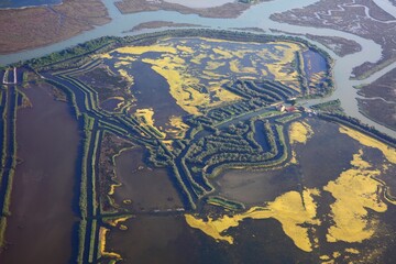 Naklejka premium Aquaculture - fish farm in the Venetian Lagoon, Italy. Aerial view.