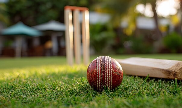 Cricket Ball Resting Against Wooden Stumps on Green Grass,Cricket Match Setup with Ball and Wickets on Grass Field,Close Up of Cricket Ball and Stumps,Cricket Equipment Scene,Cricket Ground Detail,Cla