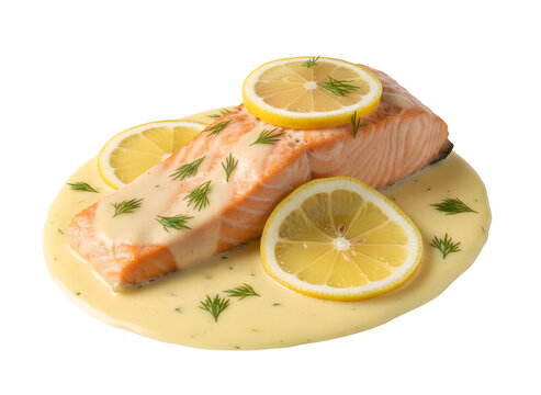 Lachsfilet mit Dill und Zitronensauce, auf wei&szlig;em Hintergrund
