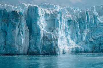 Glacier face blue ice frozen water arctic landscape cold climate natural formation dramatic textured serene reflection. Majestic glacier face with blue ice and textured surface rises above calm