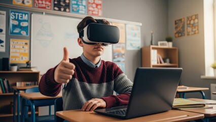 Young student in VR headset gives thumbs-up, embracing digital learning and technology innovation in a brightly lit classroom