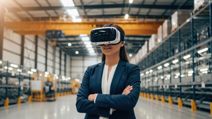 Young professional wearing VR headset stands confidently in a modern, spacious warehouse, integrating innovative technology into logistics and industrial operations