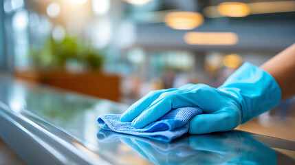Hand wearing blue glove wiping clean surface with cloth, faceless gesture, bright modern office environment, cleaning activity, workplace hygiene, defocused interior, , with copy s