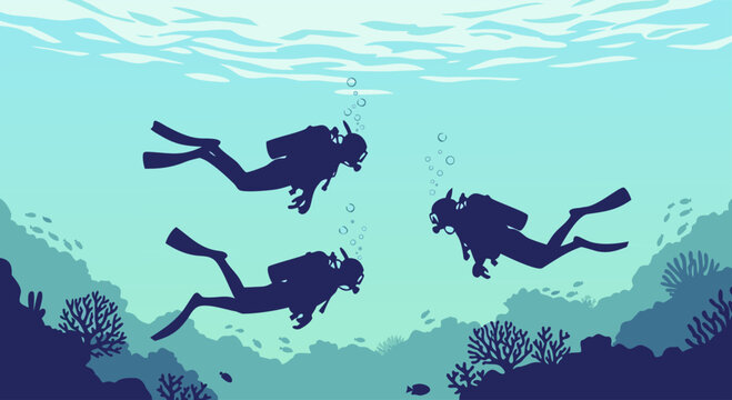 Scuba divers explore vibrant coral reefs in clear blue ocean waters, a captivating underwater adventure illustration