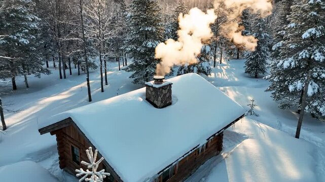 A rustic snow-covered cabin in a serene winter forest with smoke rising from its chimney, evoking warmth and tranquility.