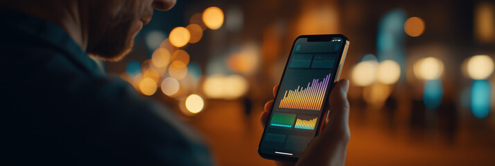 Man holding modern smartphone displaying colorful data charts and graphs in urban setting at night, with blurred city lights. Concept of business, finance, technology, and analytics