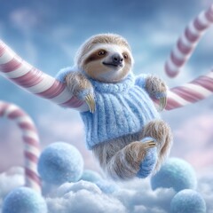 Fototapeta premium Sloth cashmere sweater pastel blue soft cute relaxed fantasy cloud candy cane whimsical animal mammal fur cozy dreamy playful sweet gentle adorable fluffy sky serene peaceful leisure hanging slow