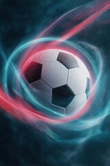 Fototapeta premium Dynamic soccer ball with vibrant red and blue light trails. A football captured in motion against a dark, abstract background, symbolizing speed, energy, and competition in sport