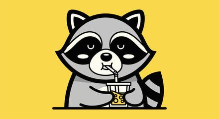 Obraz premium Cartoon raccoon drinking from a straw