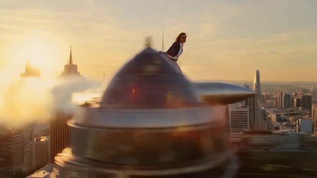 Karriereaufstieg und beruflicher Erfolg als symbolische Raketenreise &uuml;ber moderner Metropole. K&uuml;nstliche Intelligenz KI