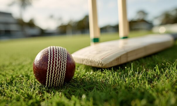 Cricket Ball Resting Against Wooden Stumps on Green Grass,Cricket Match Setup with Ball and Wickets on Grass Field,Close Up of Cricket Ball and Stumps,Cricket Equipment Scene,Cricket Ground Detail,Cla