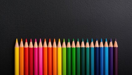 Line of colored pencils on a dark blackboard background for art and education