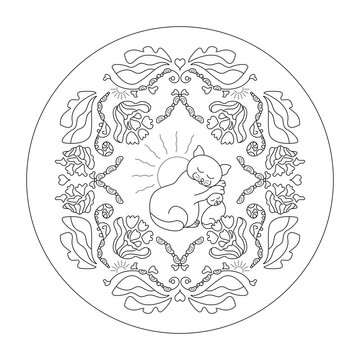 Mandala Coloring Page. Cats cuddling.