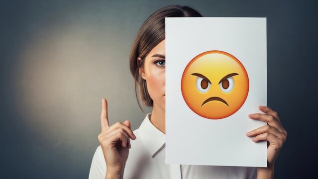 Young woman with determined eyes holds angry emoji face, expressing frustration while pointing up in a professional portrait