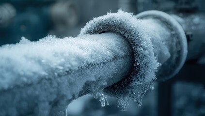 Liquid nitrogen flows through a rigid pipeline during transfer, creating frost on the surface due to its extremely low temperature. Close-up with selective focus