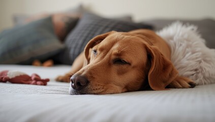 Lonely red mutt sleeping on the bed. Adoption and care idea