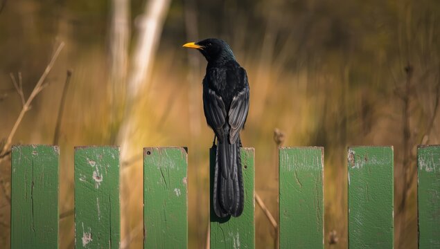 Long-tailed black drongo sitting on a green fence