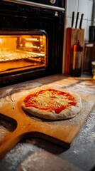 The pizza sits on a wooden cutting board, against a backdrop of a messy yet cozy kitchen countertop: scattered flour and the warm glow of the open oven