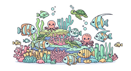 Naklejka premium Cute Kawaii Ocean Animals and Coral Reef Hand-Drawn Illustration.