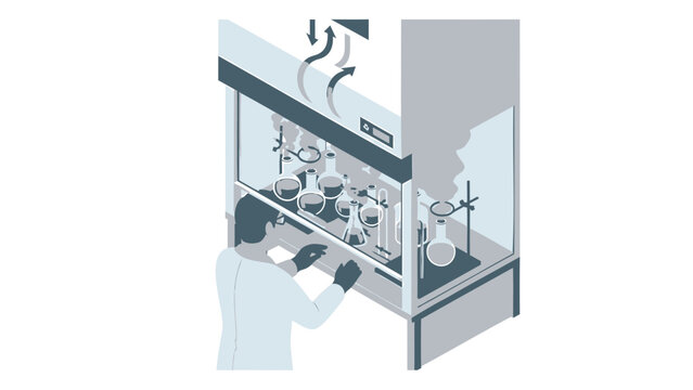 Scientist working in laboratory fume hood with various glassware and equipment