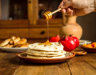 A person pouring honey from a jar in a kitchen setting