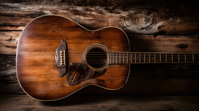 chord. Acoustic guitar close-up against rustic wood, highlighted by warm side lighting. tutorial guides, club newsletters, designed for tourism and weekend activity guides, supports event promotion.
