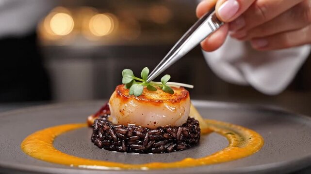 Chef garnishing a seared scallop with microgreens on a plate