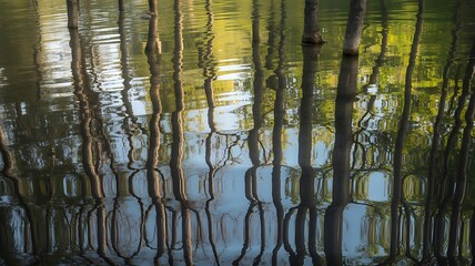 Serene water reflection of trees with vibrant green and yellow hues