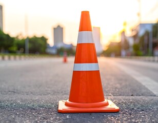 A Photograph of a Bright Orange Traffic Cone Placed on a Gray Background