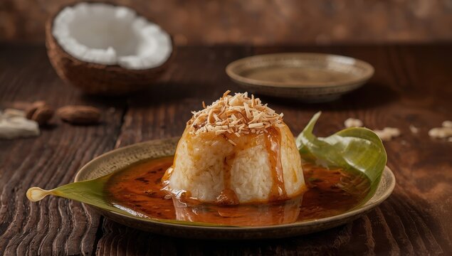 Lupis is a traditional Indonesian dessert of sticky rice in banana leaves, accompanied by coconut and brown sugar sauce