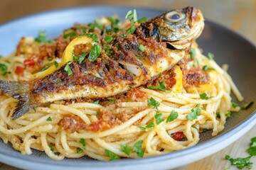 Enjoy the distinct blend of al dente spaghetti and crispy fried mackerel for a tasty Mediterranean inspired dish