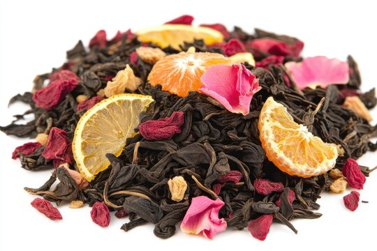 Sell bulk and retail dry black tea with rose petals candied pineapple goji berries cherries and orange slices