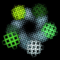 Lattice light blue ring with mesh circles of different shades around the perimeter. Icon, logo, symbol, sign. Graphic design element. 3D rendering. 3D illustration.